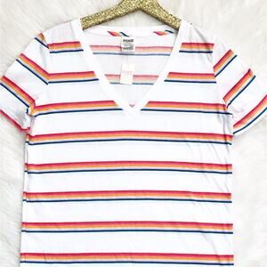 PINK Victorias Secret Shirt Rainbow Stripes Essential V Neck Tee T Shirt Medium